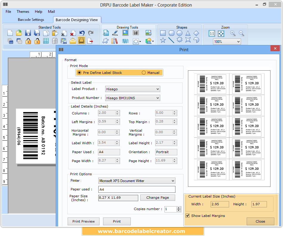 Screenshots of Barcode label creator Corporate Edition to design tags